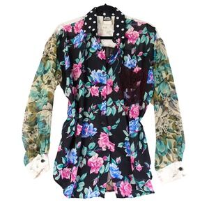 Vintage 90s Blouse Womens M Black Floral Polka Dot Mixed Print Cottage Boho Top